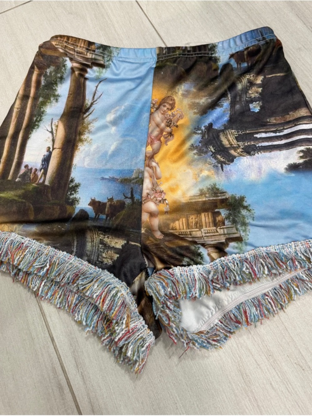 Scenic Print Fringe Trim Women's Shorts - Blue Multi